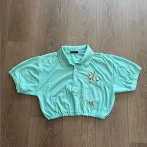 Reformed Mint Green Cropped Polo Shirt with Floral Embroidery